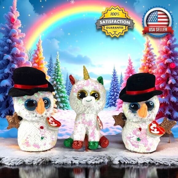 3pc Ty Flippables Christmas Holiday Snowman Unicorn Plush Toy Melty Stardust 7" - Picture 1 of 16